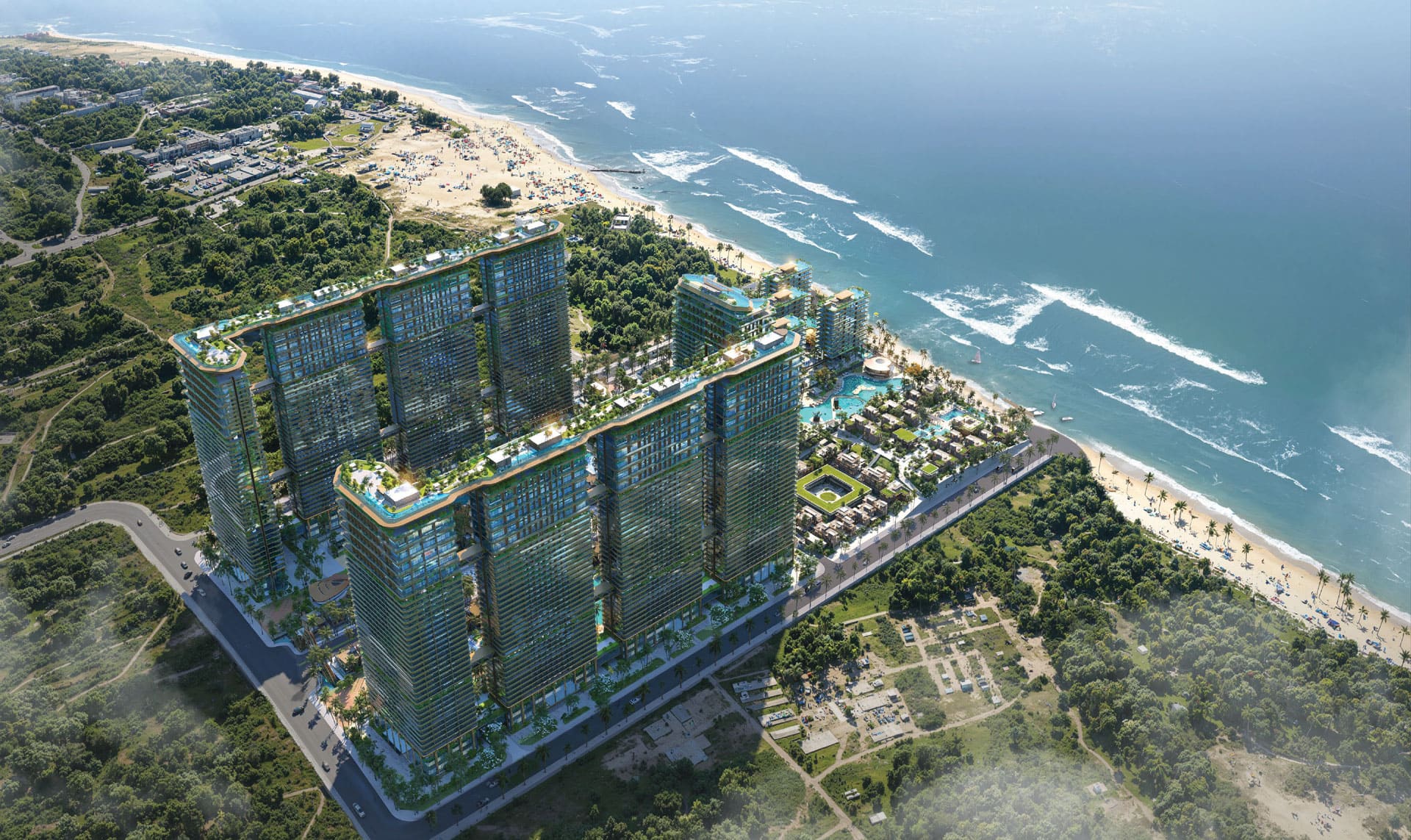 Phối cảnh tổng thể siêu tổ hợp nghỉ dưỡng Sunshine Bay Retreat với quy mô 20ha ôm trọn 320m bờ biển Chí Linh tuyệt mỹ, nổi bật với thiết kế giật cấp h