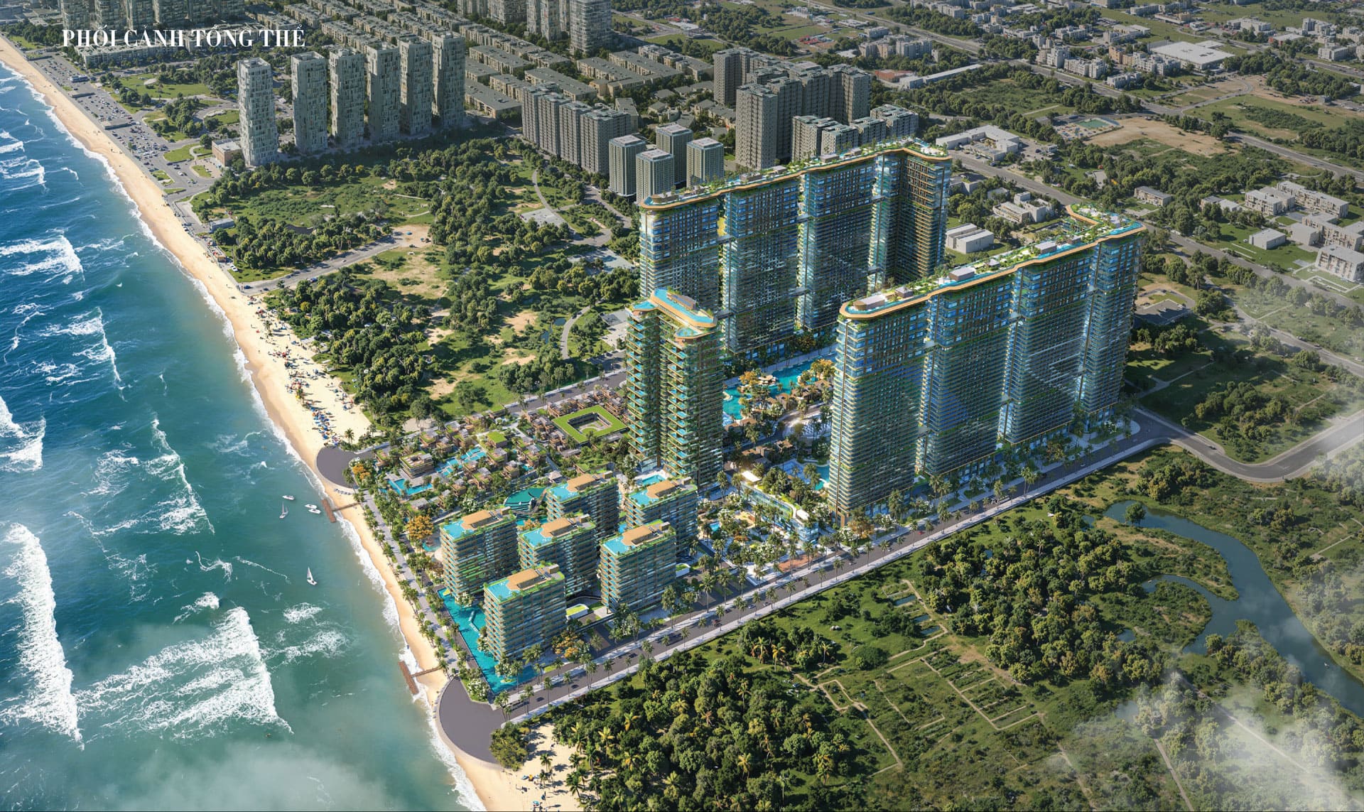 Toàn cảnh quy hoạch tổng thể 20ha của siêu tổ hợp nghỉ dưỡng Sunshine Bay Retreat Vũng Tàu, nổi bật với thiết kế ôm trọn 320m bờ biển Chí Linh hoang sơ.