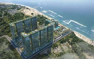 Phối cảnh tổng thể siêu tổ hợp nghỉ dưỡng Sunshine Bay Retreat với quy mô 20ha ôm trọn 320m bờ biển Chí Linh tuyệt mỹ, nổi bật với thiết kế giật cấp h